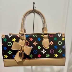Designer-Inspired Black Multicolor Pattern Satchel with Beige Trim